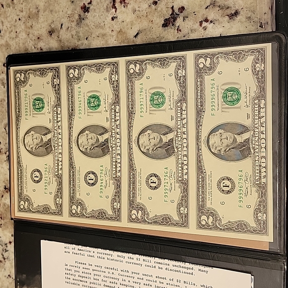 Uncut Sheet of Legal Tender $2 Bills - Picture 2 of 9